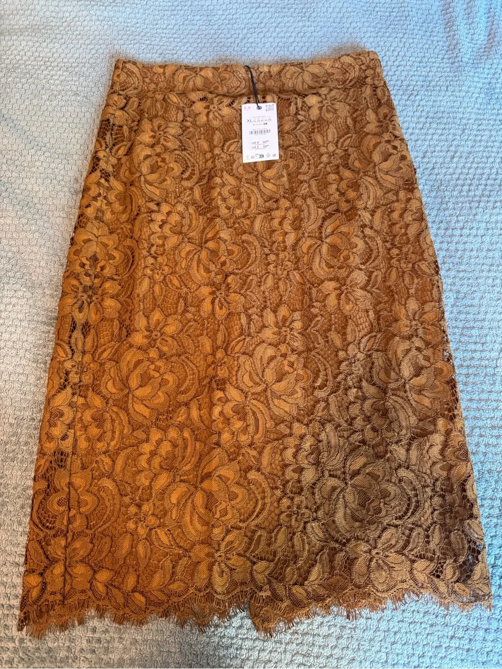 Zara Lace Midi Mustard/Brown Pencil Skirt Collection Limited Edition XL